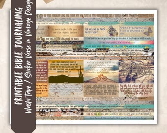 Cinta adhesiva washi bíblica imprimible, diseño vintage, pegatinas de las Sagradas Escrituras, planificador cristiano, tiras de margen de versículos, diario de oración, letras de EE. UU. en formato horizontal