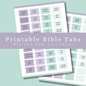 May include: Printable Bible tabs with the names of the books of the Old and New Testaments. The tabs are in a light purple and light green color scheme.