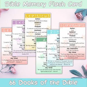 May include: Colorful Bible memory flash cards with floral accents. Each card features a different book of the Bible with information about the author, audience, purpose, summary, context, key characters, and key verses. The cards are designed to help people learn and memorize the Bible.