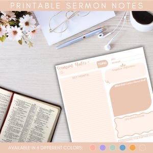 May include: Printable sermon notes template with sections for topic, key points, scripture references, what you learned about God, life application, and questions for further study. The template is available in six different colors.