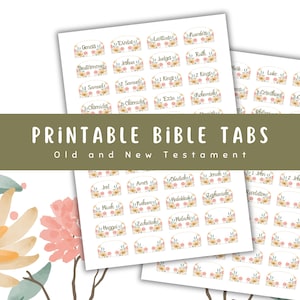 Może przedstawiać: Drukowane zakładki do Biblii z kwiatowymi wzorami. Zakładki zawierają nazwy ksiąg Starego i Nowego Testamentu.