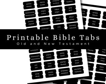 May include: Black and white printable Bible tabs with the text "Printable Bible Tabs Old and New Testament." The tabs are organized in rows and columns, with each tab labeled with a book of the Bible.