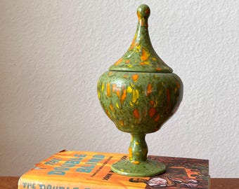 Mid Century Modern Art Pottery Lidded Urn, Drip Glaze Green Orange Studio Vessel