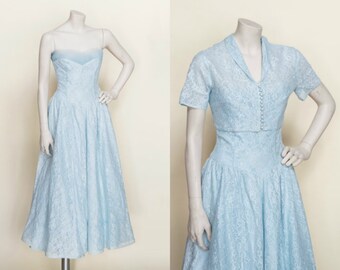 1950s Blue Lace Dress --- Vintage Strapless Party Dress