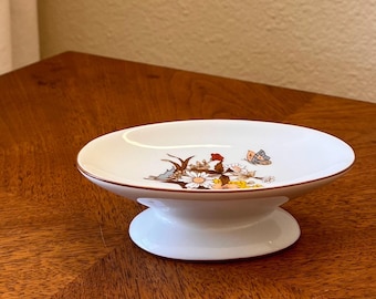 Vintage Porcelain Pedestal Soap Dish, Butterfly Floral Vanity Tray, Asian Ceramic Bird Bathroom Decor