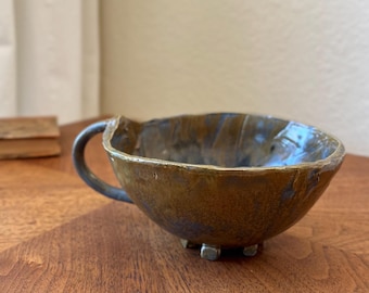 Handmade Studio Pottery Bowl, Sculptural Footed Ceramic Bowl with Handle