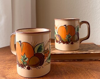 Vintage Harvest Stoneware Mugs, Set of 2, Autumn Fruit Coffee Cups