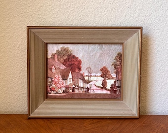 Vintage Framed English Cottage Print, Country Village Landscape Wall Art
