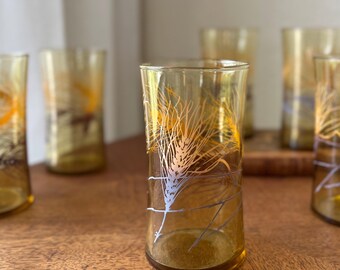 Vintage Libbey Golden Wheat Tumblers, Set of 7 Amber Drinking Glasses