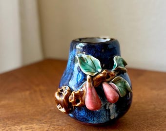 Vintage Ceramic Pear Majolica-Style Vase, Hand-Painted Fruit Vase, Cottage Decor, Collectible Pottery