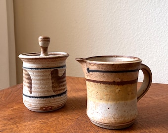 Vintage Studio Pottery Creamer & Sugar Set, Hand Thrown Stoneware Serving Pair