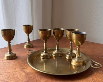 Vintage MCM Brass Aperitif Glasses Set with Tray, Hollywood Regency Cordial Goblets