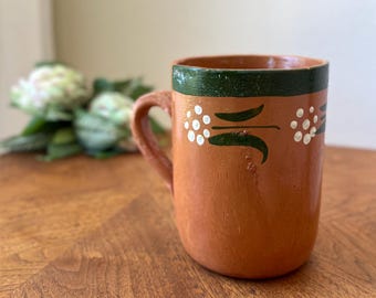 Vintage Mexican Pottery Mug, Oversized Terracotta Coffee Cup, Hand Painted Folk Art