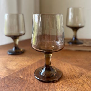 Vintage Smoky Brown Wine Glasses, Set of 3, Mid Century Stemware