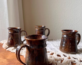 Set of 4 Vintage 1970s Brown Drip Glaze Stoneware Mugs, Rustic Boho Coffee Cups