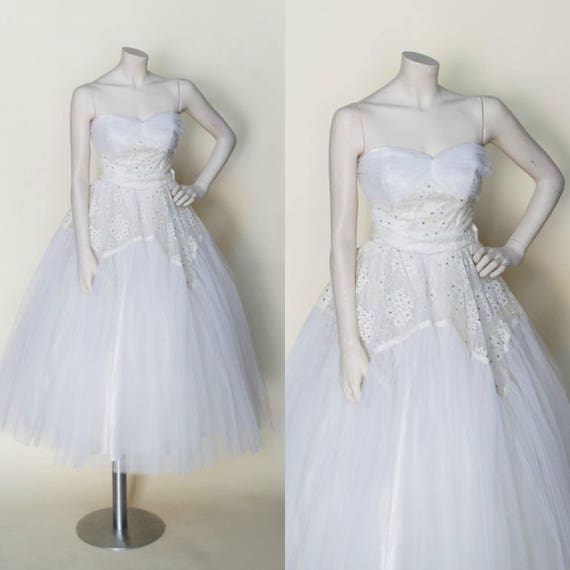 Vintage Tea Length Wedding Dress / 50s Bridal