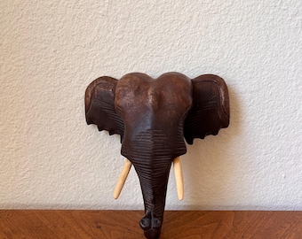 Vintage Carved Wood Elephant Head Wall Art, Safari Lodge Shelf or Gallery Decor