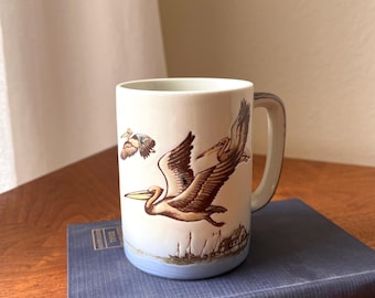 Vintage Otagiri Pelican Mug, Japanese Stoneware Coffee Cup, Coastal Cottage Kitchen Decor