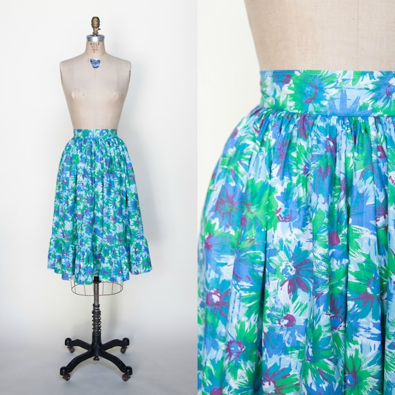 1950s Floral Skirt / Vintage Blue Full Skirt