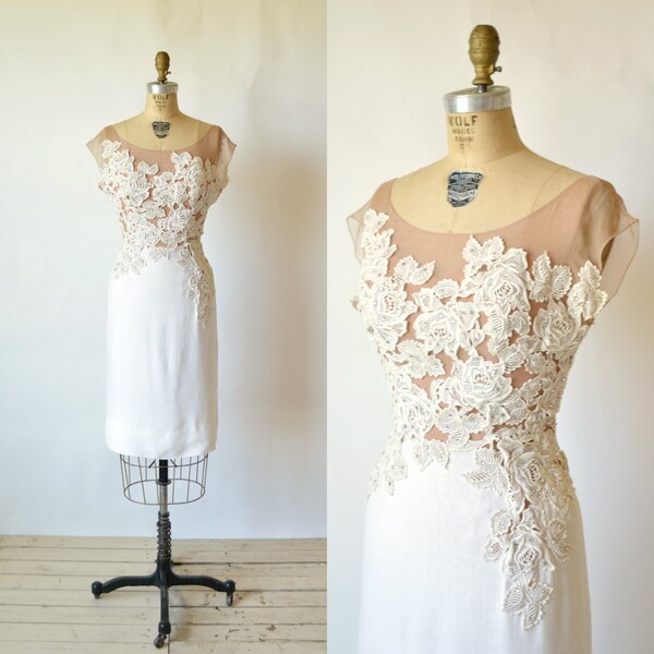 RESERVED NOT for SALE --- 1950s Illusion Wedding Dress --- Vintage Ivory Linen Lace Applique Dress