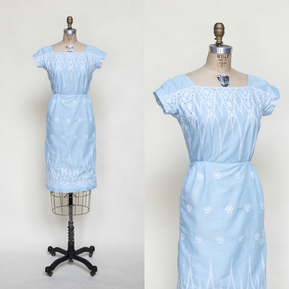 Vintage Blue Cotton Dress --- 1960s Embroidered Dr
