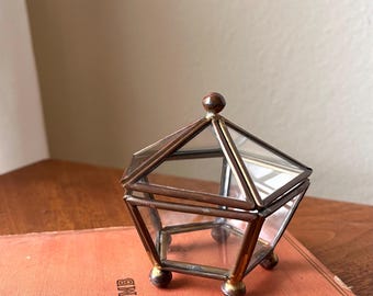 Vintage Brass Glass Trinket Box, Hollywood Regency Jewelry Keepsake Holder