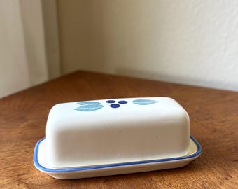 Vintage Pfaltzgraff Blueberry Butter Dish, Blue Green Stoneware, 1990s Kitchen