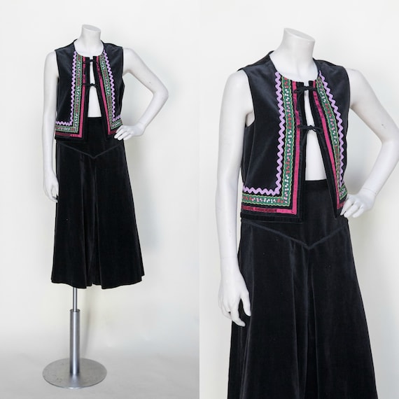 Vintage Gaucho Pants and Vest Set /// 1970s Black