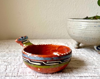 Vintage Hand-Painted Mexican Terracotta Bowl, Southwestern Folk Art Shelf Decor