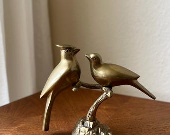 Vintage Leonard Brass Bird Figurine, Mid Century Brass Birds, Pair on Branch Decor