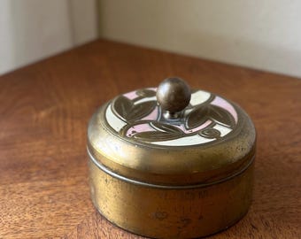 Antique Brass Powder Case, Enamel Lid Vanity Box, Art Deco Trinket Box