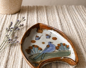 Vintage Tonala Pottery Dish, Hand Painted Bird Motif, Sculptural Catchall, Mexican Folk Art