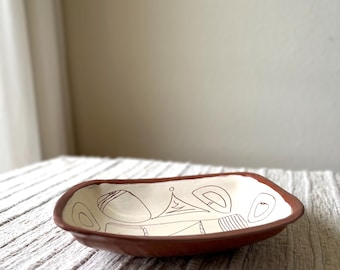 Vintage Studio Pottery Tray, Mid Century Modern Abstract Dish, Terracotta Rim