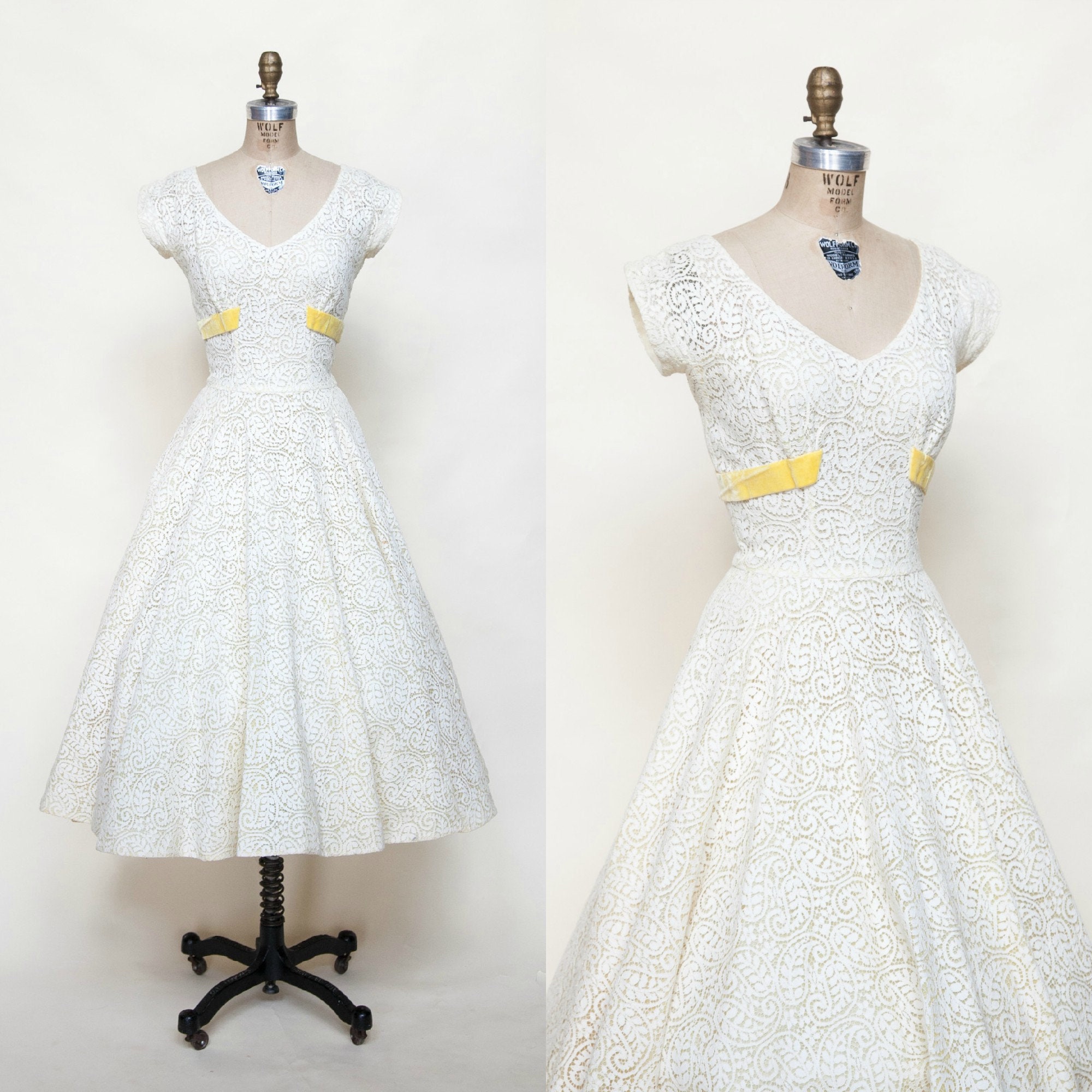 1950s Lace Party Dress Vintage Pale Yellow Wedding Dress Etsy