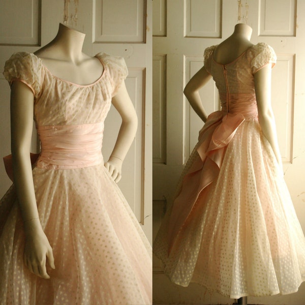 1950s Pink Wedding Dress / Vintage Pastel Tea Length Dress