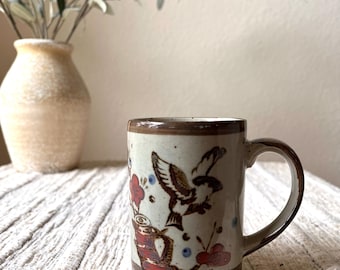 Vintage Otagiri Style Mug, Japanese Stoneware Coffee Cup, Bird Motif Rustic Boho