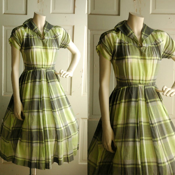 1950s Shirt Dress /  Vintage Plaid Spring Dress