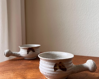 Vintage 1979 Studio Pottery Bowls, Handled Soup Crocks, Artisan Ceramic Set, Rustic Minimalist Serveware