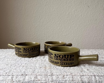 Vintage 1970s Olive Green Handled Soup Bowl Set