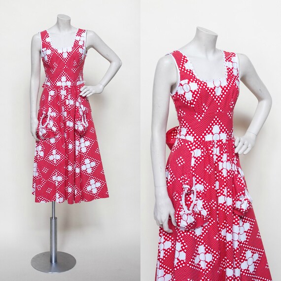 Vintage 70s Dress, 1970s Dress, Vintage Red and Wh