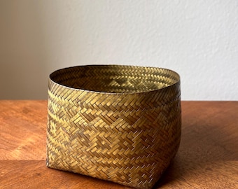 Vintage Woven Brass Basket, Sculptural Catchall, Handwoven Metal Vessel