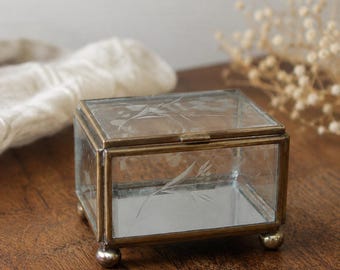 Vintage Etched Glass Trinket Box, Brass Keepsake Box, Jewelry Holder, Vanity Decor