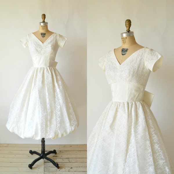 1950s Tea Length Wedding Dress --- Vintage White Lace Wedding Dress