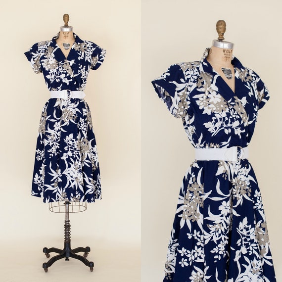 1980s Floral Dress 1950s Style Blue Day Dress