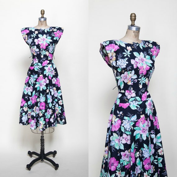 1980s Dress / Vintage Black Floral Dress