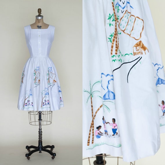 1950s Vintage Novelty Dress Tropical Embroidery