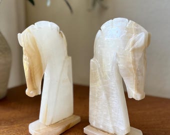 Vintage Mexican Onyx Horse Head Bookends, Solid Stone Pair