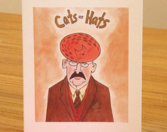 Cats As Hats Greeting Card from Original Painting - Man in Suit with Cap