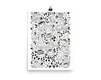 May include: Black and white doodle illustration of coffee and tea cups, tea bags, sugar, milk, and leaves. The text "I have a cuppa", "Good morning", "Coffee, tea, thee", and "One lump or two?" is included in the illustration.