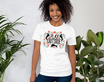 Original Art Floral Rabbits Play Outside Text Unisex T-shirt